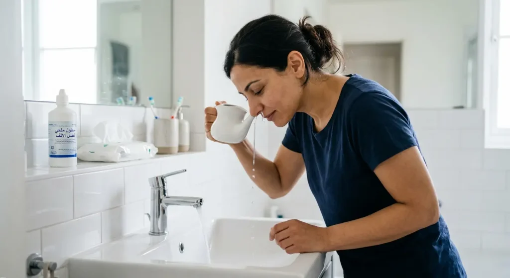 شخص يستخدم وعاء نيتي لغسيل الأنف بالمحلول الملحي كعلاج منزلي لالتهاب الجيوب الأنفية