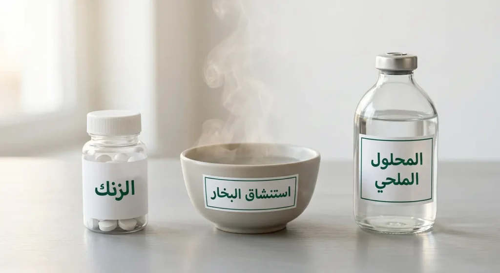 صورة واقعية تُظهر ثلاثة بدائل طبيعية لعلاج احتقان الأنف وهي المحلول الملحي والبخار والزنك