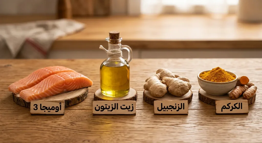 مجموعة من الأطعمة الطبيعية المضادة للالتهاب تشمل الكركم والزنجبيل وزيت الزيتون والأسماك الغنية بأوميجا 3