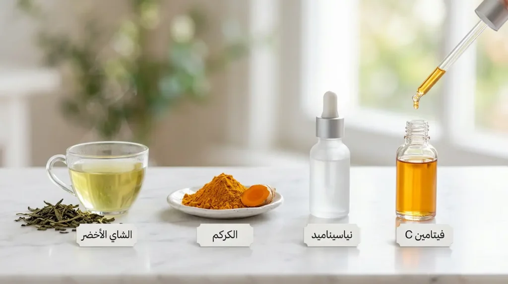 صورة ماكرو احترافية تعرض أربعة مكونات طبيعية مكمّلة لنتائج التقشير الكيميائي وهي سيروم فيتامين C والنياسيناميد والكركم والشاي الأخضر