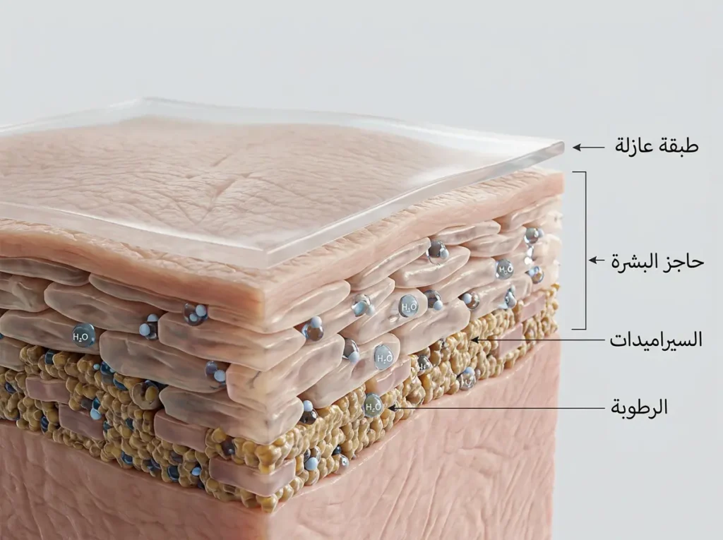 صورة ثلاثية الأبعاد لحاجز البشرة بعد الترطيب الليلي توضح السيراميدات والرطوبة والطبقة العازلة.