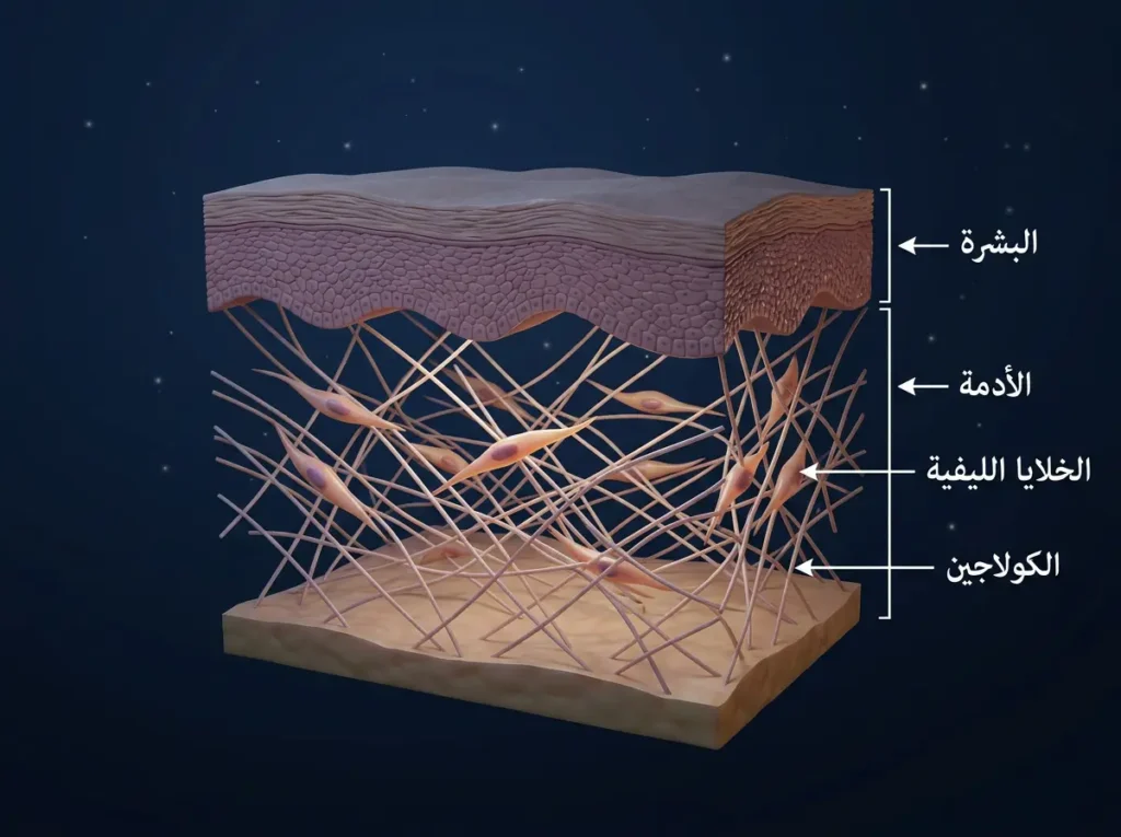 تصوير ثلاثي الأبعاد طبّي يوضح إصلاح الجلد ليلاً داخل طبقتي البشرة والأدمة مع الخلايا الليفية والكولاجين.