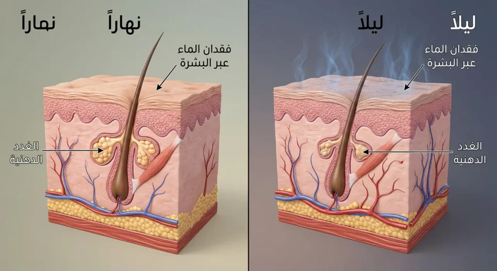 مقطع ثلاثي الأبعاد للجلد يقارن بين الليل والنهار ويوضح ازدياد فقدان الماء عبر البشرة ليلاً.