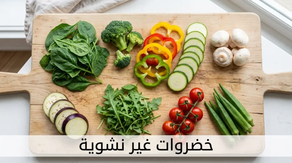  مجموعة متنوعة من الخضروات غير النشوية الطازجة تشمل السبانخ والبروكلي والفلفل الملون والكوسا والفطر والجرجير والباذنجان والطماطم والبامية