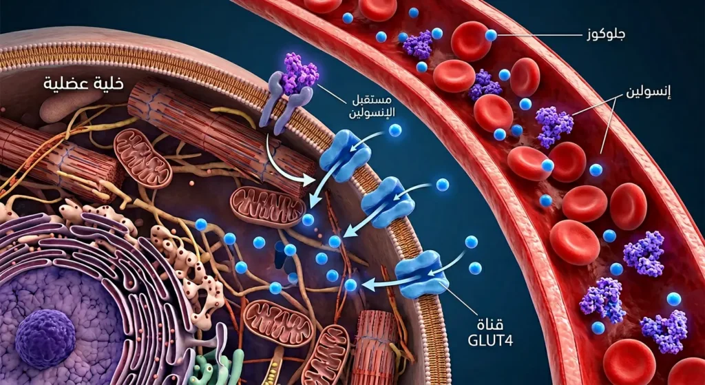 رسم توضيحي يوضح آلية عمل الإنسولين كمفتاح يسمح بدخول الجلوكوز إلى الخلية عبر مستقبلات خاصة وقنوات GLUT4.