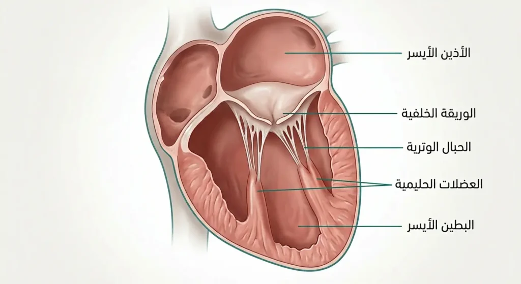رسم تشريحي واقعي يوضح مكونات الصمام الميترالي الطبيعي داخل القلب البشري شاملًا الوريقتين والحبال الوترية والعضلات الحليمية