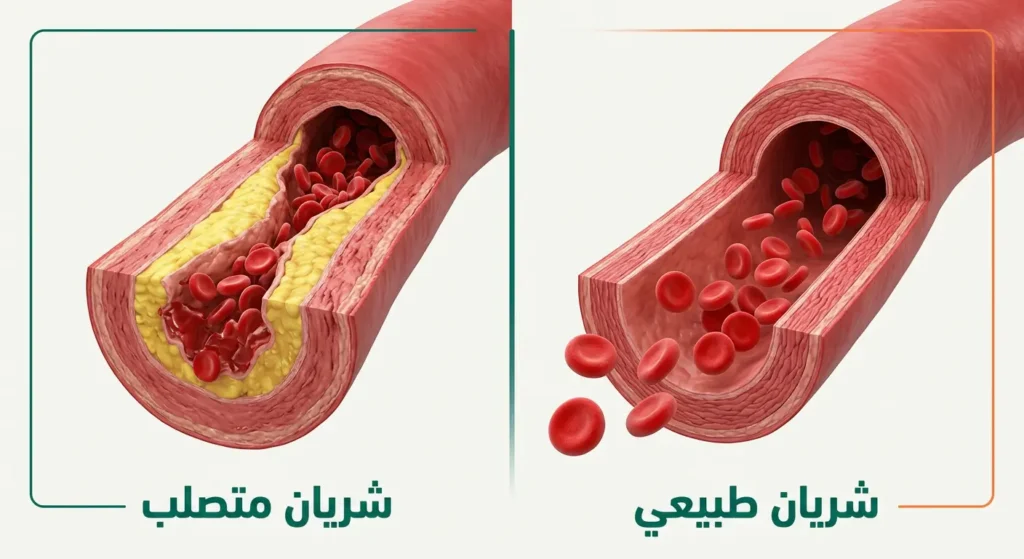 مقطع عرضي واقعي ثلاثي الأبعاد يقارن بين شريان طبيعي مرن وواسع وشريان متصلب ضيق بجدران سميكة وترسبات داخلية