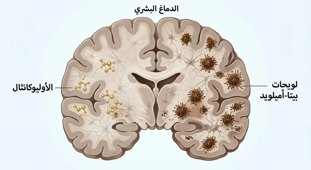 صورة مقطعية لدماغ بشري توضح لويحات بيتا-أميلويد وتأثير مركب الأوليوكانثال في إزالتها