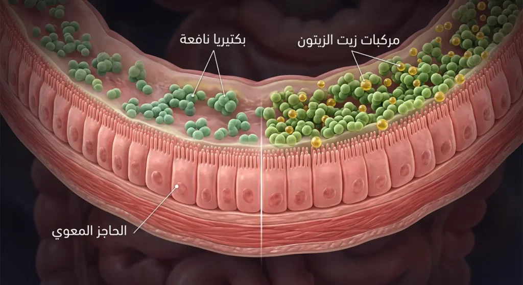 مقطع عرضي في الأمعاء البشرية يوضح البكتيريا النافعة في الميكروبيوم وتأثير زيت الزيتون على سلامة الحاجز المعوي