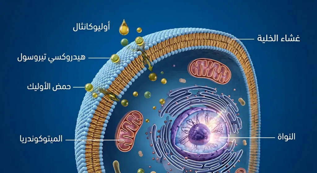مقطع عرضي لخلية بشرية يوضح تأثير مركبات البوليفينول من زيت الزيتون على النواة الخلوية