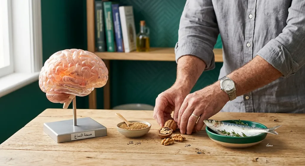 أطعمة غنية بأوميغا 3 كالجوز والسمك وبذور الكتان بجانب نموذج تشريحي للدماغ البشري على سطح خشبي