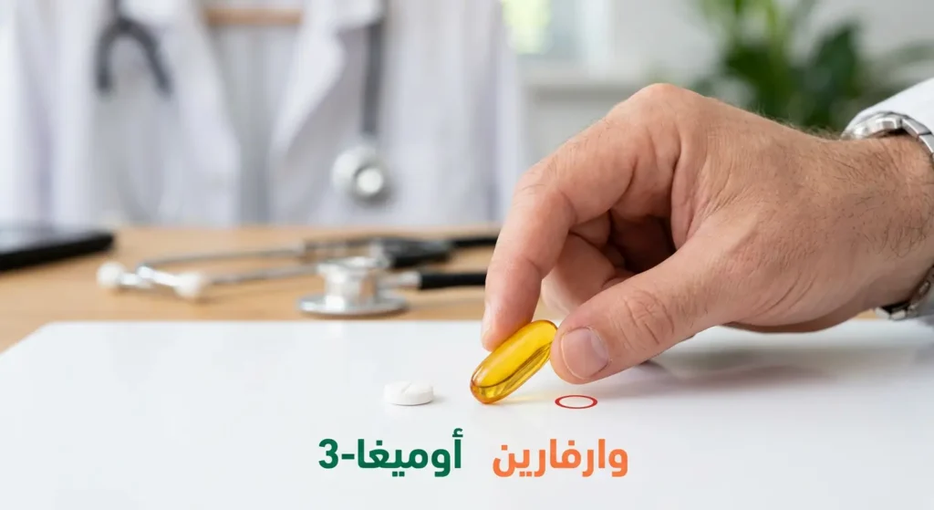 كبسولة أوميغا 3 ذهبية بجانب حبة دواء بيضاء مع علامة تحذير دائرية حمراء ترمز للتداخل الدوائي المحتمل