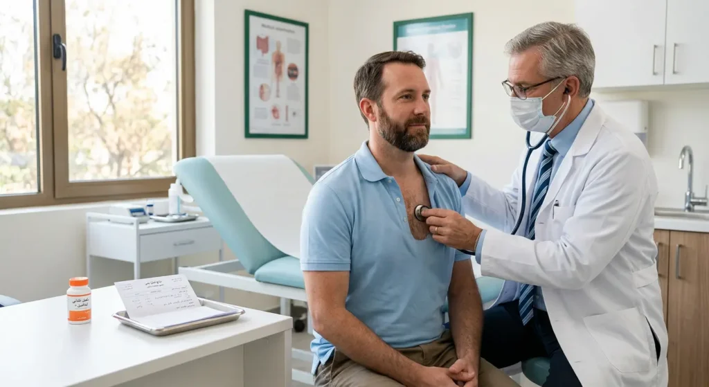 طبيب يستخدم سماعة طبية لفحص القلب في عيادة نظيفة بجوار زجاجة مكمل أوميغا 3 وورقة تحليل طبي