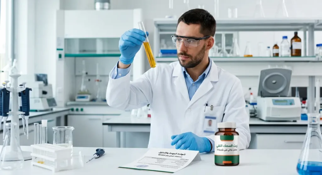 تقني مختبر يحمل أنبوب اختبار يحتوي على زيت السمك الذهبي الشفاف في مختبر علمي نظيف بجانب عبوة مكمل غذائي وشهادة جودة