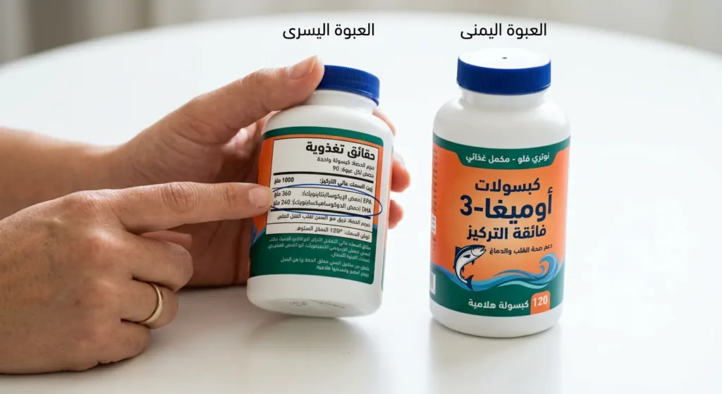 يد شخص تُقلّب عبوة مكمل أوميغا 3 لقراءة الملصق الخلفي الذي يُظهر نسب EPA وDHA الفعلية