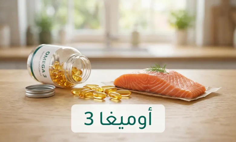 زجاجة مكمل أوميغا 3 مفتوحة مع كبسولات جيلاتينية وقطعة سمك سلمون على طاولة خشبية