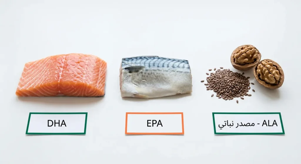مقارنة بين مصادر أوميغا 3 الثلاثة: بذور الكتان والجوز كمصدر ALA النباتي، وسمك الماكريل كمصدر EPA، وسمك السلمون كمصدر DHA