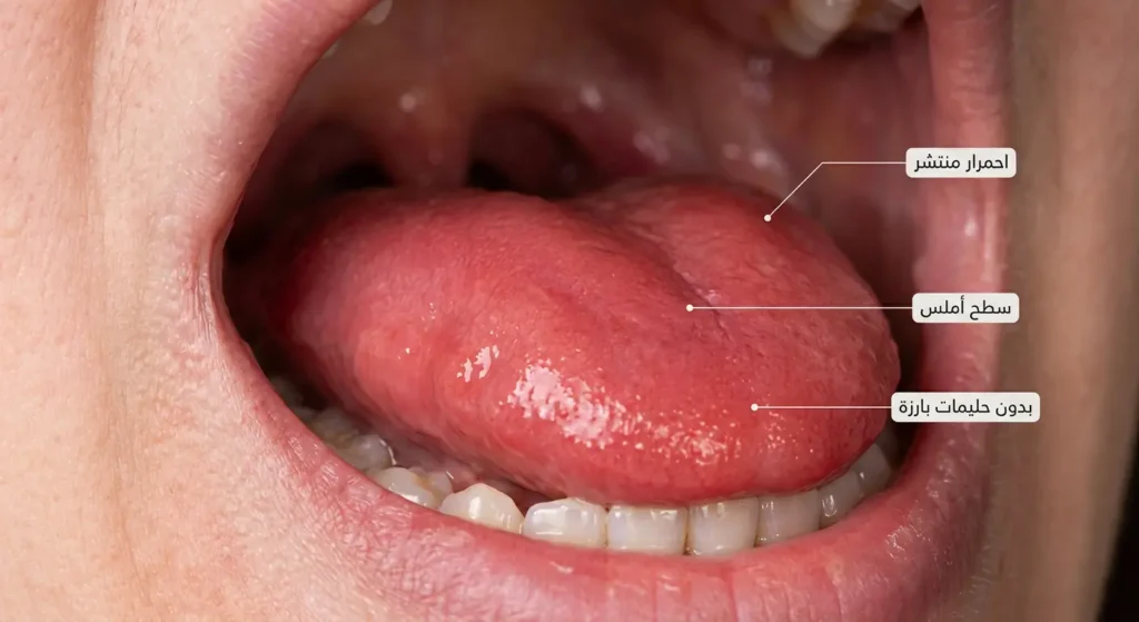 صورة مقربة واقعية للسان ملتهب يبدو أحمر وأملس من دون حليمات بارزة كما يحدث في التهاب اللسان العادي