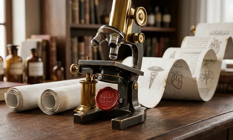 استعارة بصرية لمجهر طبي يركز على ختم شمعي أحمر مكتوب عليه "أطباؤنا وصفة طبية"، يرمز للدقة والمراجعة الطبية.