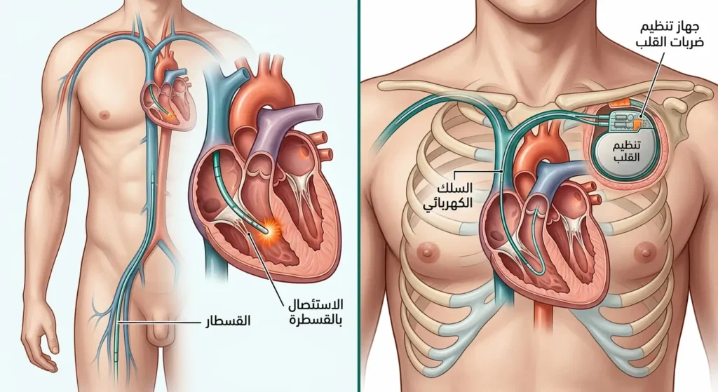 رسم طبي واقعي يوضح جهاز تنظيم ضربات القلب المزروع تحت الجلد مع السلك الكهربائي وإجراء الاستئصال بالقسطرة داخل القلب