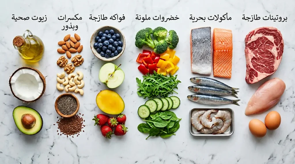 صورة علوية لأطعمة حمية باليو المسموحة تشمل اللحوم والأسماك والخضروات والفواكه والمكسرات والزيوت الصحية مرتبة بأناقة على سطح رخامي