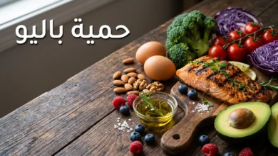 صورة غلاف لمقال حمية باليو تعرض أطعمة طبيعية كالسلمون المشوي والأفوكادو والمكسرات والخضروات الطازجة على طاولة خشبية مع عنوان حمية باليو