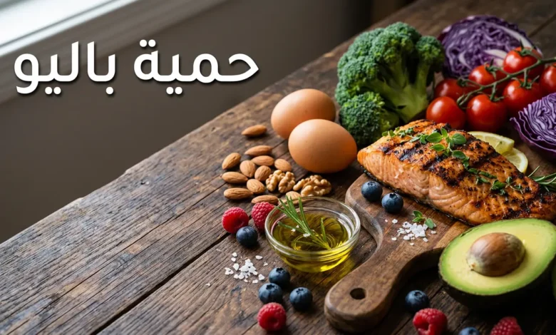 صورة غلاف لمقال حمية باليو تعرض أطعمة طبيعية كالسلمون المشوي والأفوكادو والمكسرات والخضروات الطازجة على طاولة خشبية مع عنوان حمية باليو