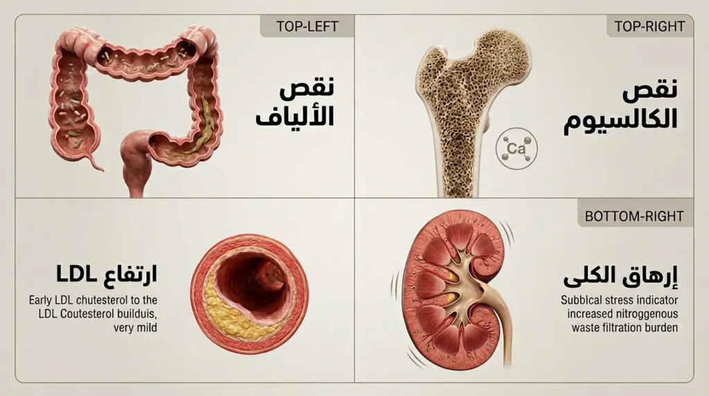 رسم طبي ثلاثي الأبعاد يوضح أربعة مخاطر صحية محتملة لحمية باليو وهي نقص الكالسيوم ونقص الألياف وإرهاق الكلى وارتفاع الكوليسترول الضار