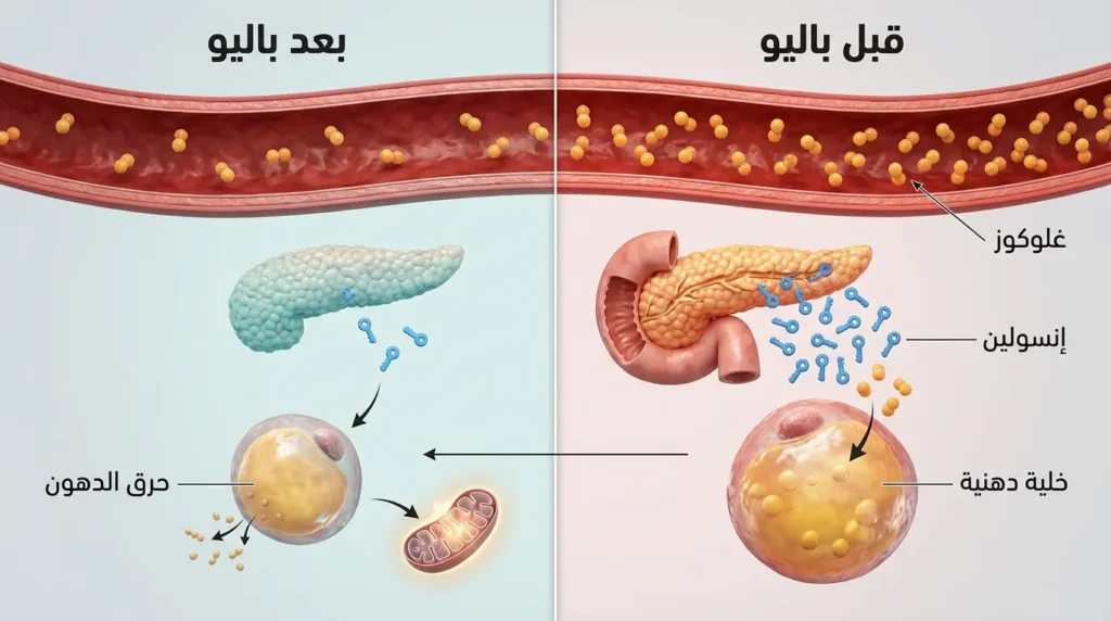 رسم طبي ثلاثي الأبعاد يقارن بين حالة الجسم قبل وبعد حمية باليو موضحاً انخفاض الإنسولين وتحوّل الجسم من تخزين الدهون إلى حرقها