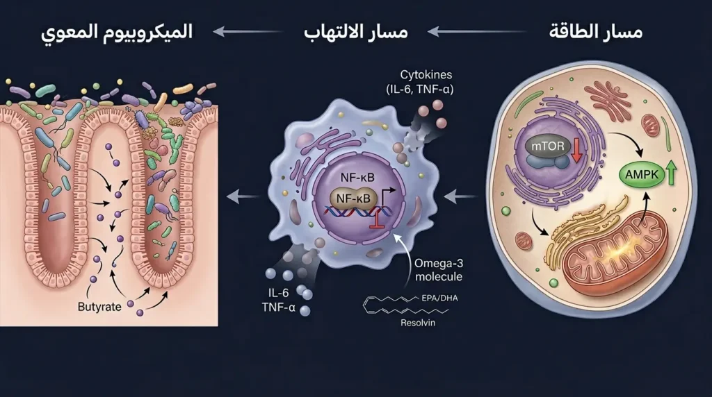 رسم طبي واقعي يوضح ثلاثة مسارات بيولوجية يؤثر فيها نظام باليو وهي مسار الطاقة الخلوية ومسار الالتهاب والميكروبيوم المعوي