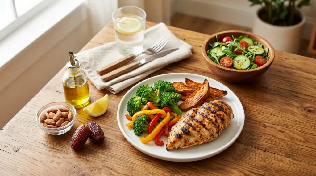 صورة وجبة غداء كاملة من حمية باليو تتضمن صدر دجاج مشوي وبطاطا حلوة وبروكلي وسلطة خضراء مع تمر ولوز وزيت زيتون على طاولة خشبية