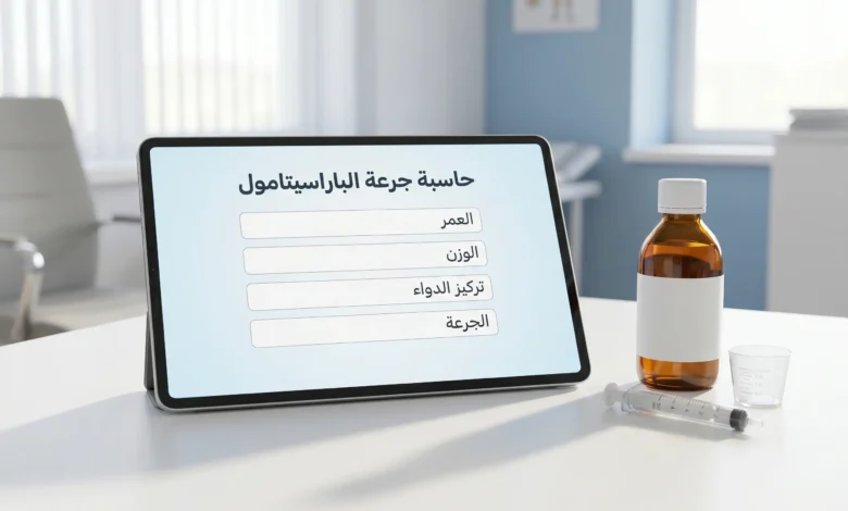 واجهة عربية لحاسبة جرعة الباراسيتامول على جهاز لوحي بجانب شراب باراسيتامول وحقنة فموية في بيئة طبية واقعية