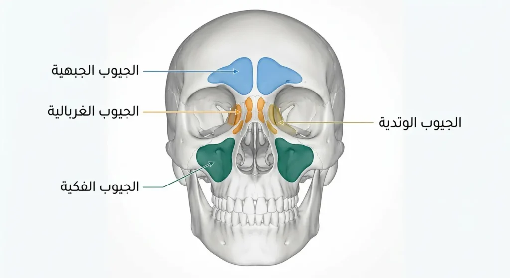 مخطط تشريحي يُظهر مواقع الجيوب الأنفية الأربعة في الجمجمة البشرية