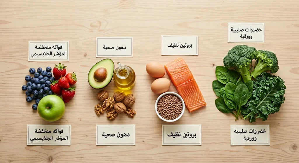 صورة واقعية من الأعلى لطاولة خشبية تعرض الأطعمة المسموحة في حمية تكيس المبايض مقسمة إلى أربع مجموعات وهي الخضروات الصليبية والبروتين النظيف والدهون الصحية والفواكه منخفضة المؤشر الجلايسيمي