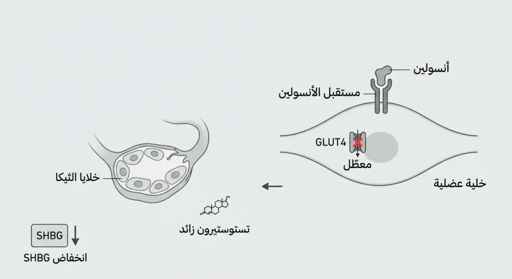 رسم تخطيطي طبي يوضح آلية مقاومة الأنسولين على المستوى الخلوي في متلازمة تكيس المبايض ويشمل مستقبل الأنسولين وناقل الجلوكوز GLUT4 المعطل وخلايا الثيكا وزيادة التستوستيرون وانخفاض SHBG