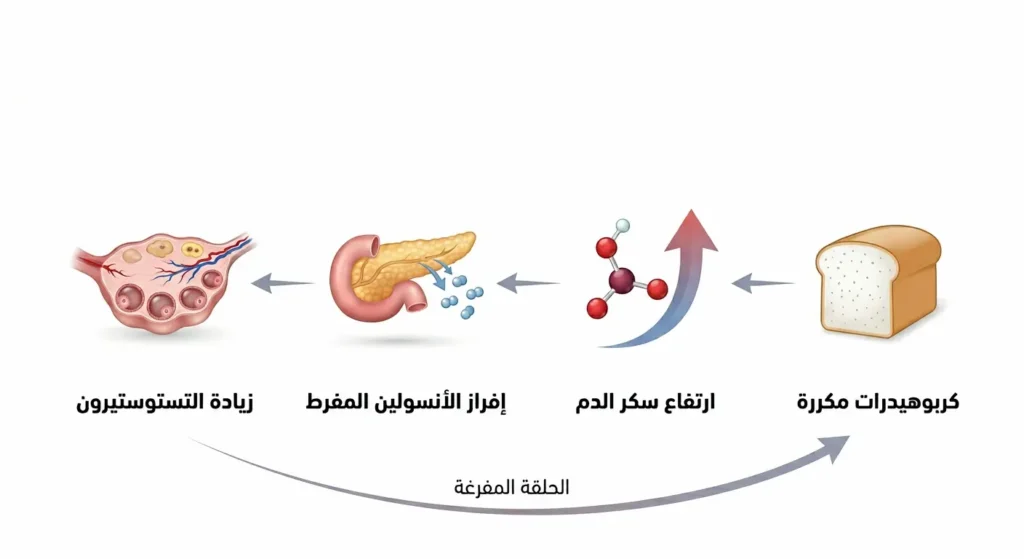 رسم توضيحي يشرح دورة مقاومة الأنسولين في متلازمة تكيس المبايض من الكربوهيدرات المكررة إلى ارتفاع سكر الدم ثم إفراز الأنسولين المفرط وصولاً إلى زيادة التستوستيرون