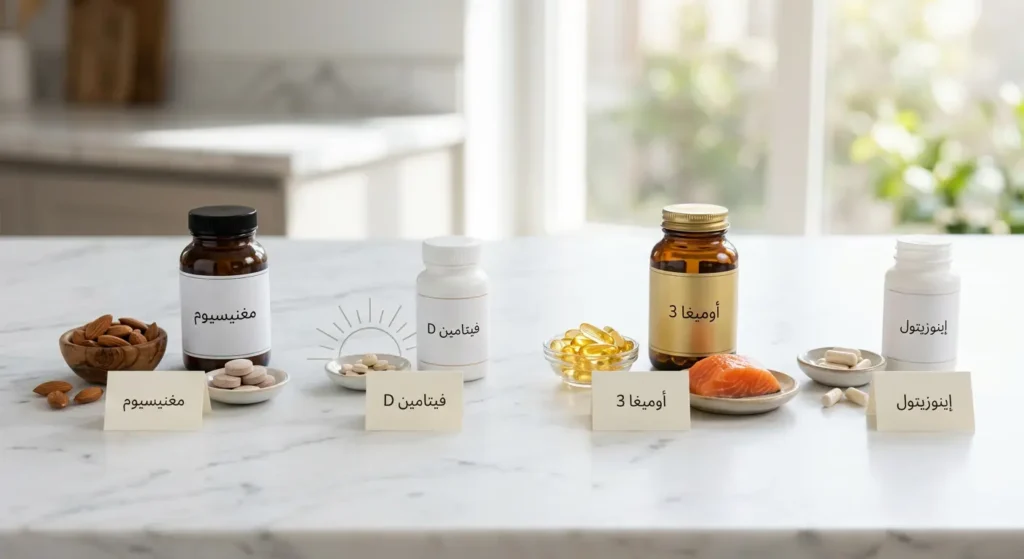صورة واقعية لأربعة مكملات غذائية مدعومة علمياً لمريضات تكيس المبايض وهي الإينوزيتول وأوميغا 3 وفيتامين D والمغنيسيوم مع مصادرها الغذائية الطبيعية