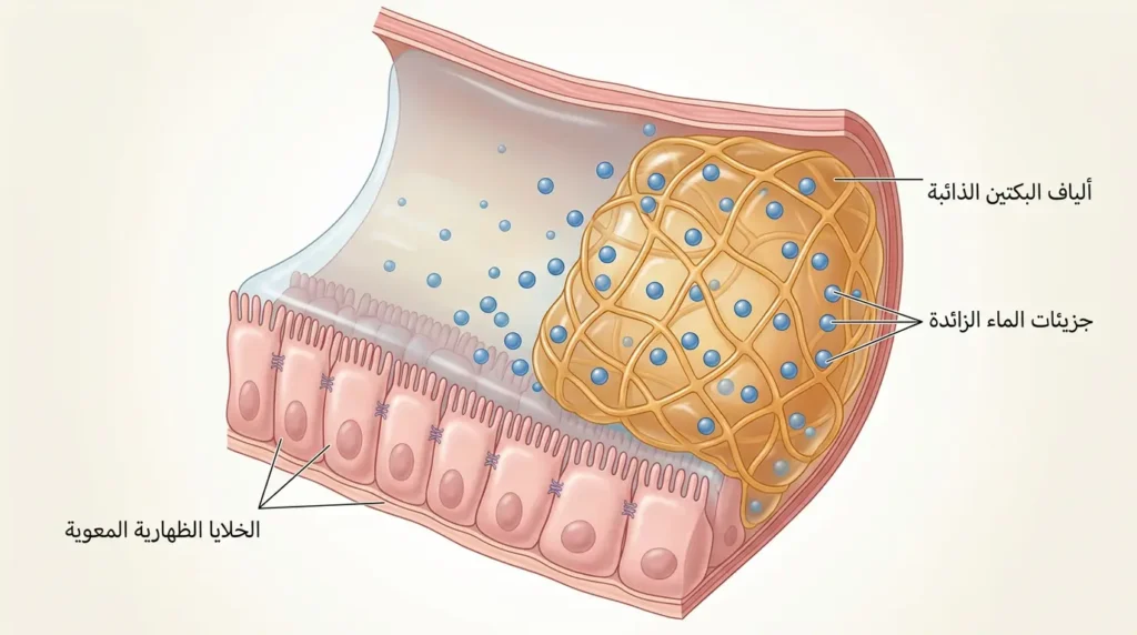 رسم طبي توضيحي واقعي يُظهر كيف تمتص ألياف البكتين الذائبة الموجودة في الموز والتفاح السوائل الزائدة من تجويف الأمعاء لتقليل سيولة البراز