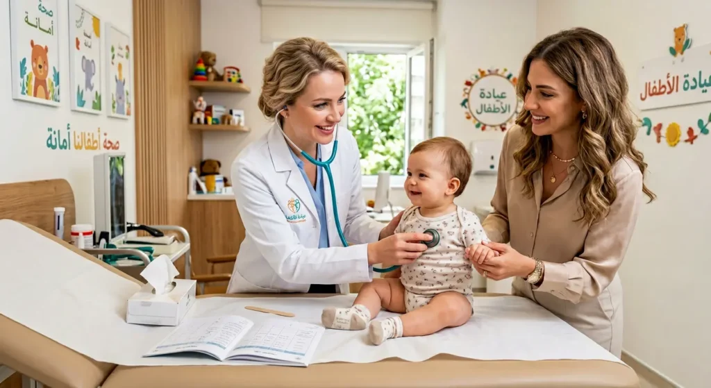 طبيبة أطفال تفحص طفلاً رضيعاً بالسماعة الطبية بحضور أمه في عيادة أطفال مشرقة مع دفتر تطعيمات على الطاولة
