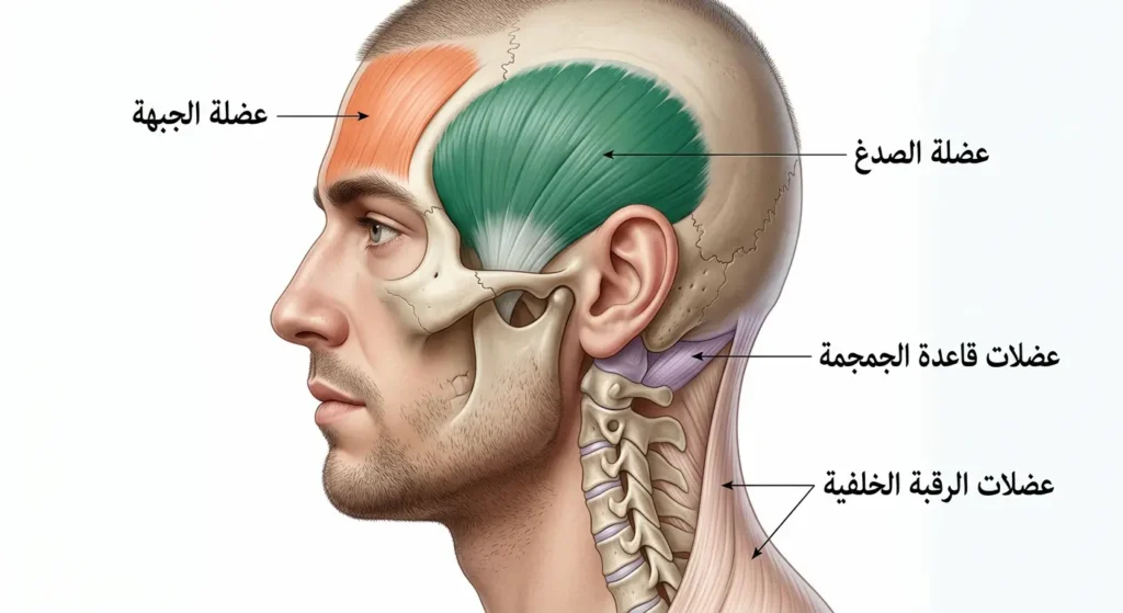 رسم تشريحي واقعي يُظهر عضلات الرأس والرقبة المتورطة في صداع التوتر