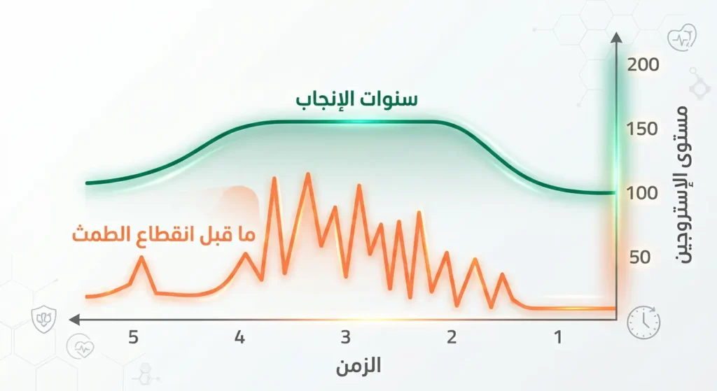 رسم بياني يُقارن مستوى الإستروجين المستقر في سنوات الإنجاب مع تذبذبه الحاد في مرحلة ما قبل انقطاع الطمث
