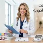 طبيبة في عيادة حديثة تحمل ملفاً طبياً بجانب أنابيب تحاليل دم وجهاز قياس ضغط مع عنوان الفحوصات الطبية الدورية