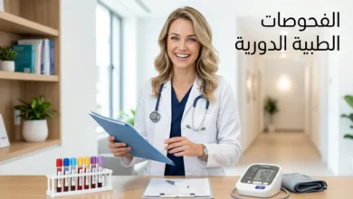 طبيبة في عيادة حديثة تحمل ملفاً طبياً بجانب أنابيب تحاليل دم وجهاز قياس ضغط مع عنوان الفحوصات الطبية الدورية
