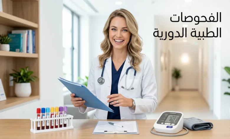 طبيبة في عيادة حديثة تحمل ملفاً طبياً بجانب أنابيب تحاليل دم وجهاز قياس ضغط مع عنوان الفحوصات الطبية الدورية