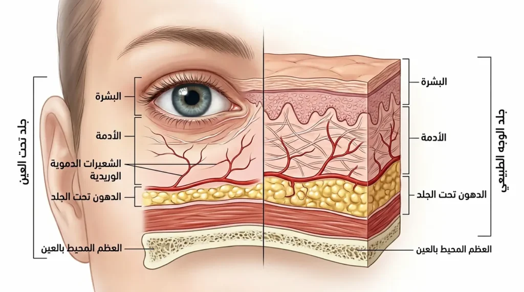 رسم توضيحي طبي يقارن بين طبقات الجلد الرقيق تحت العين وطبقات جلد الوجه الطبيعي مع تسميات تشريحية بالعربية
