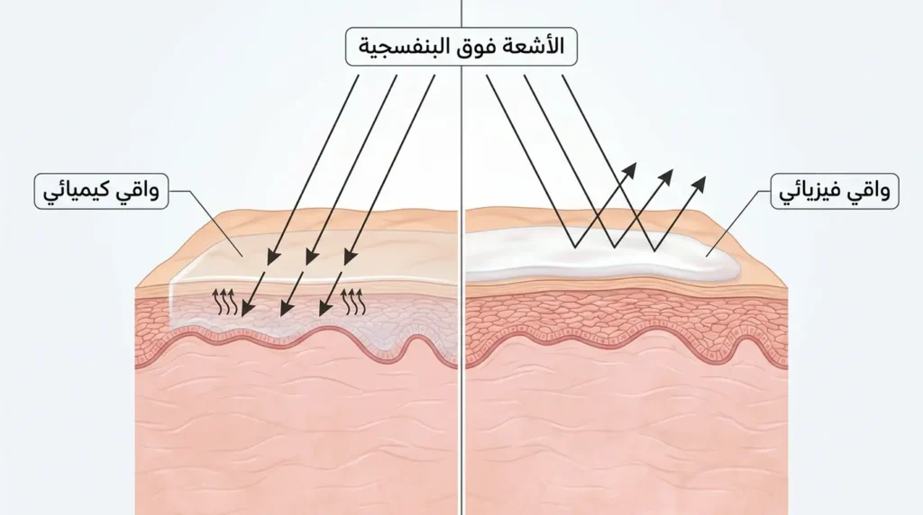 رسم طبي واقعي يقارن بين آلية عمل واقي الشمس الفيزيائي الذي يعكس الأشعة والواقي الكيميائي الذي يمتصها