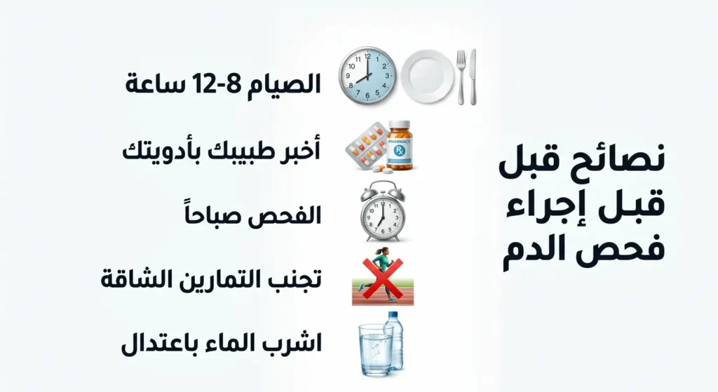 إنفوغرافيك يوضح خمس نصائح للاستعداد للفحص الطبي تشمل الصيام وإبلاغ الطبيب بالأدوية والفحص الصباحي وتجنب التمارين وشرب الماء باعتدال