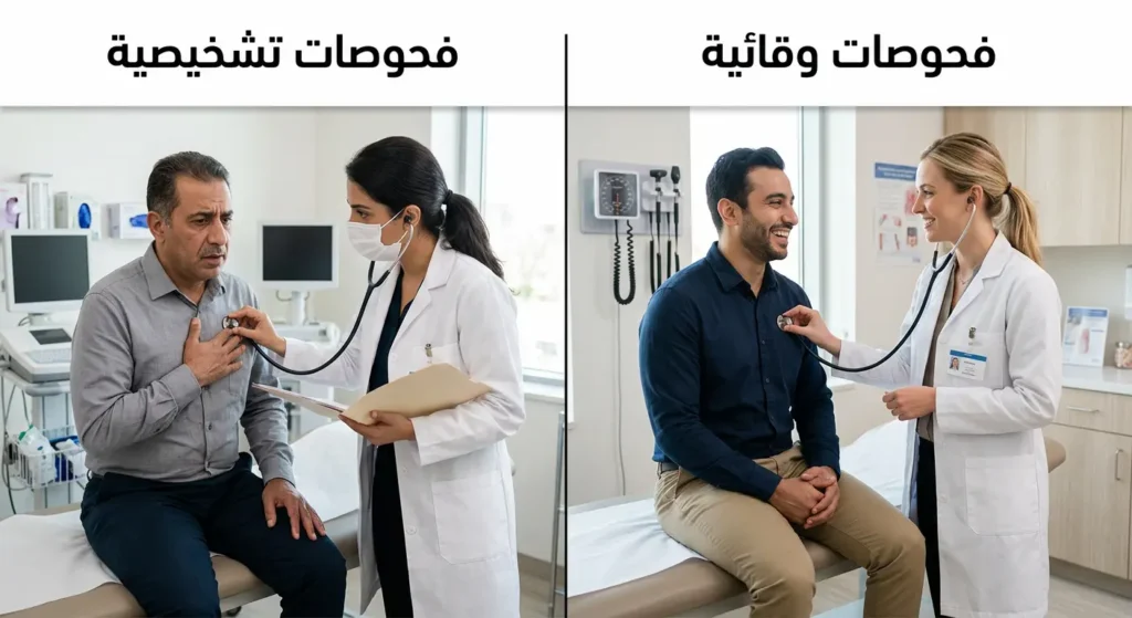 مقارنة بصرية بين الفحوصات الوقائية التي تُجرى لشخص سليم والفحوصات التشخيصية التي تُجرى لمريض يعاني من أعراض