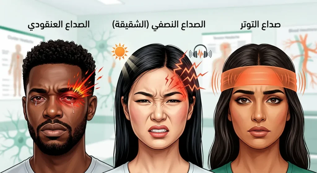 مقارنة مرئية بين أنواع الصداع الأولي: صداع التوتر كشريط ضاغط، الشقيقة كألم نصفي نابض، والصداع العنقودي كألم حاد حول العين.