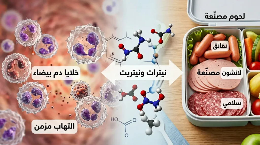 صورة واقعية لصندوق طعام مدرسي يحتوي على نقانق ولانشون وسلامي مع توضيح بصري لعلاقتها بالنيترات والنيتريت وتأثيرها السلبي على خلايا الدم البيضاء
